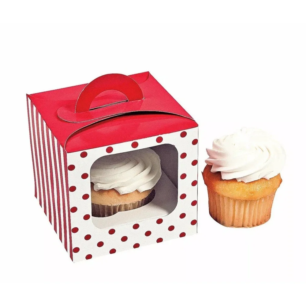 Red Polka Dot Cupcake Boxes‎ With Handle, Party Supplies, 12 Pieces